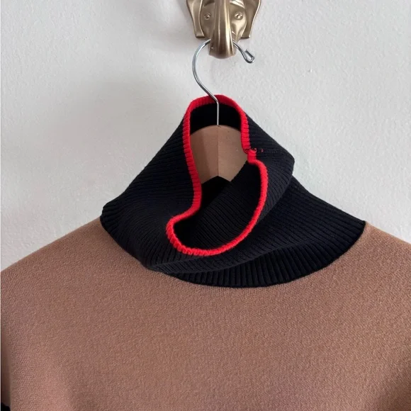 Tahari Colorblock Cowlneck Sweater in Camel, Black and Red Trim size M - Picture 3 of 6